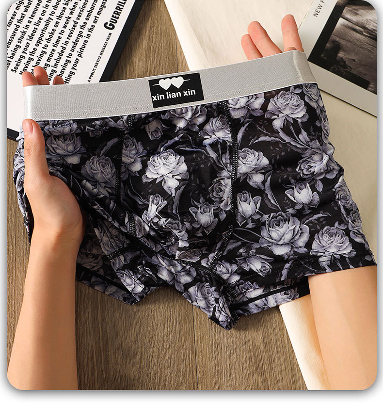 Men's Boxer Briefs Ice Silk Mid Waist Trendy Rose Print Trunks_voghion.com