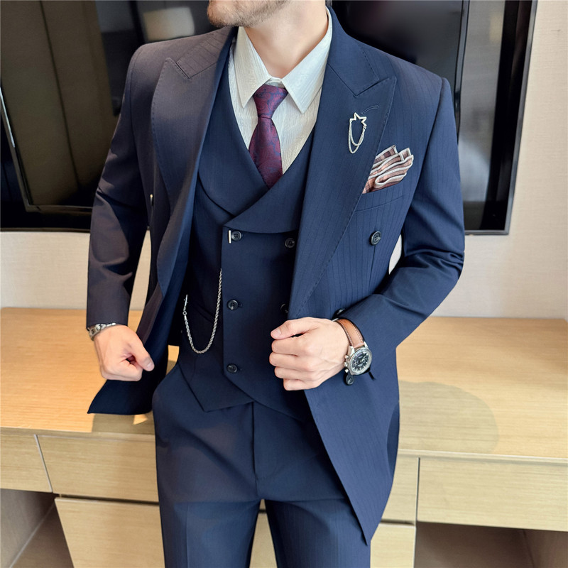 FW10835 2025主推高品质色织暗条纹戗驳领双排扣西服三件套男士|undefined