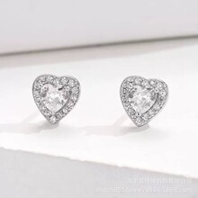 跨境速卖通s925纯银爱心心形耳钉镶锆石轻奢气质个性耳饰批发