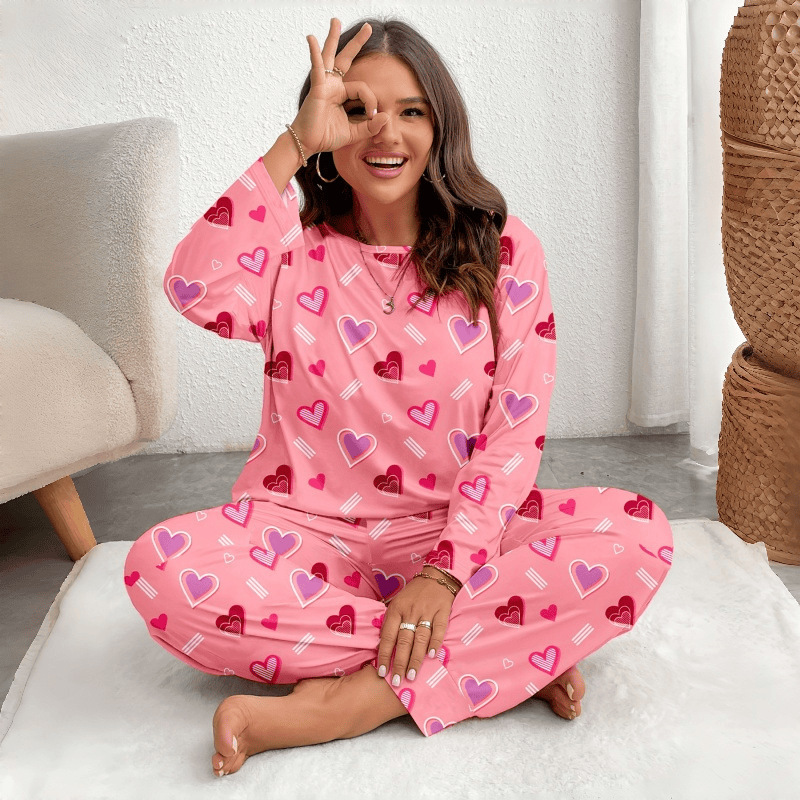 European and American Cross-Border Autumn Heart-Shaped Imitation Cotton Stretchy Women's Plus-Size Loungewear Long-Sleeve Set That Can Be Worn Outside as Pajamas European and American Cross-Border Autumn Heart-Shaped Imitation Cotton Stretchy Women's Plus-Size Loungewear Long-Sleeve Set That Can Be Worn Outside as Pajamas