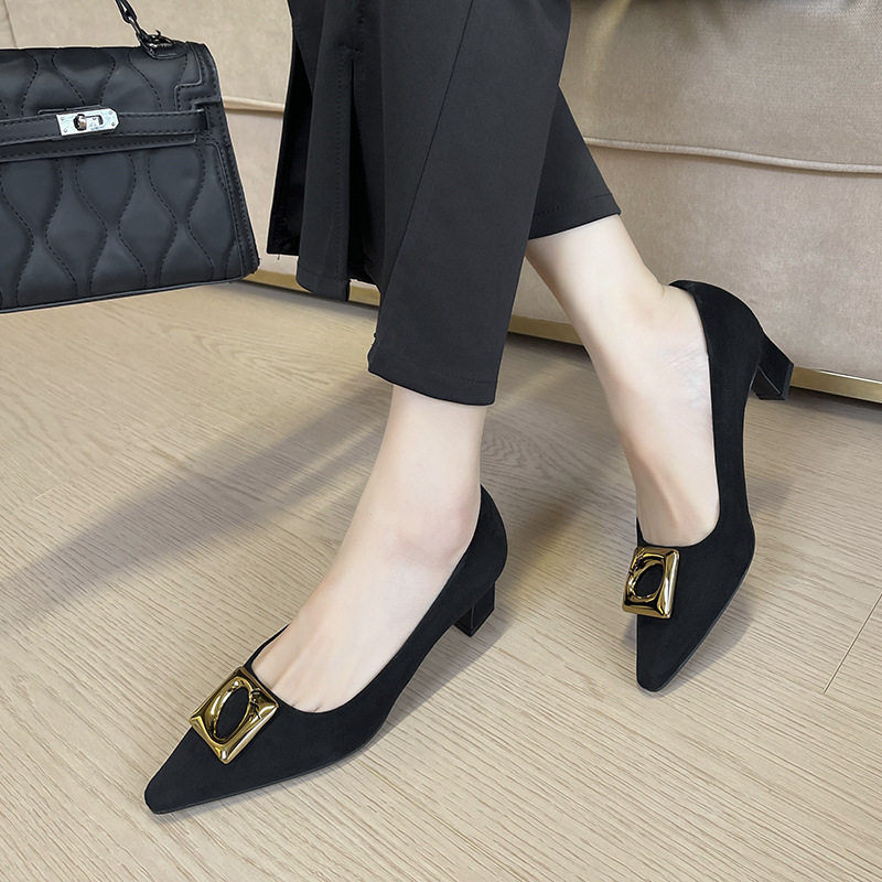 Giày cao gót nữ mũi vuông gót thô khóa kim loại, chất liệu len cashmere cao cấp, gót 3–6 cm — Màu nâu, màu đen