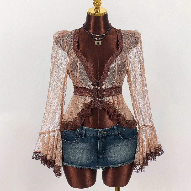 European and American New Cross-Border Lace Splicing Pure Desire See-Through Cut Out Waist Slim Sexy Deep V Trumpet Sleeve Top for Women