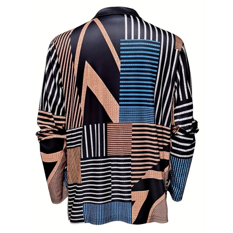 Camisa POLO con cremallera de manga larga y suelta con estampado 3D a rayas geométricas abstractas simples y versátiles para hombres