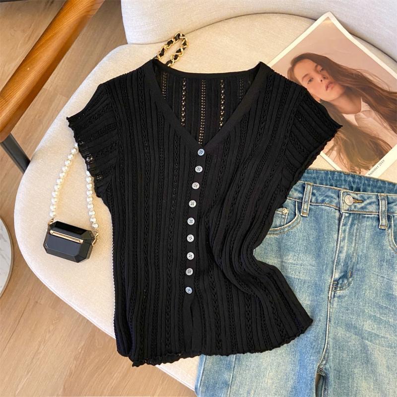 纯欲性感V领单排扣冰丝开衫女夏季镂空针织短袖T恤显瘦正肩上衣潮