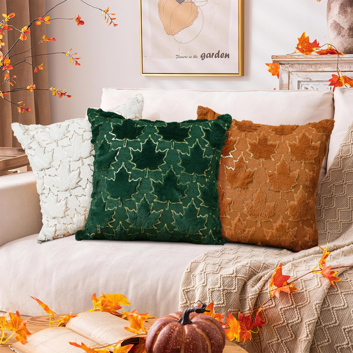 Transfronterizo nuevo oro otoño hoja de almohada cubierta de esponja universal sequela de peluche hoja de arce Halloween almohada cubierta de almohada TEMU