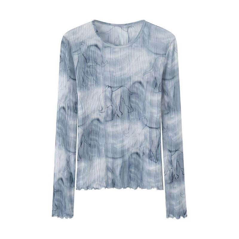 2026 Summer New Fashion Versatile Smudged Print Slim Fit Pleated Top Long-Sleeved T-Shirt for Women A3Cdg2329 2026 Summer New Fashion Versatile Smudged Print Slim Fit Pleated Top Long-Sleeved T-Shirt for Women A3Cdg2329