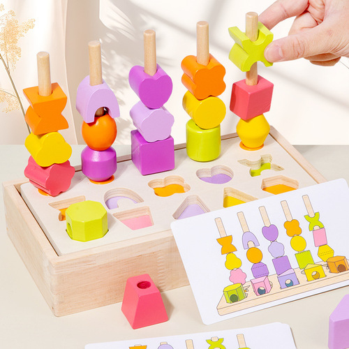 Montessori Shape Sorting Tower with Beads, 5-Column Geometric Bead Matching Blocks, Early Learning Educational Toys for Kids
