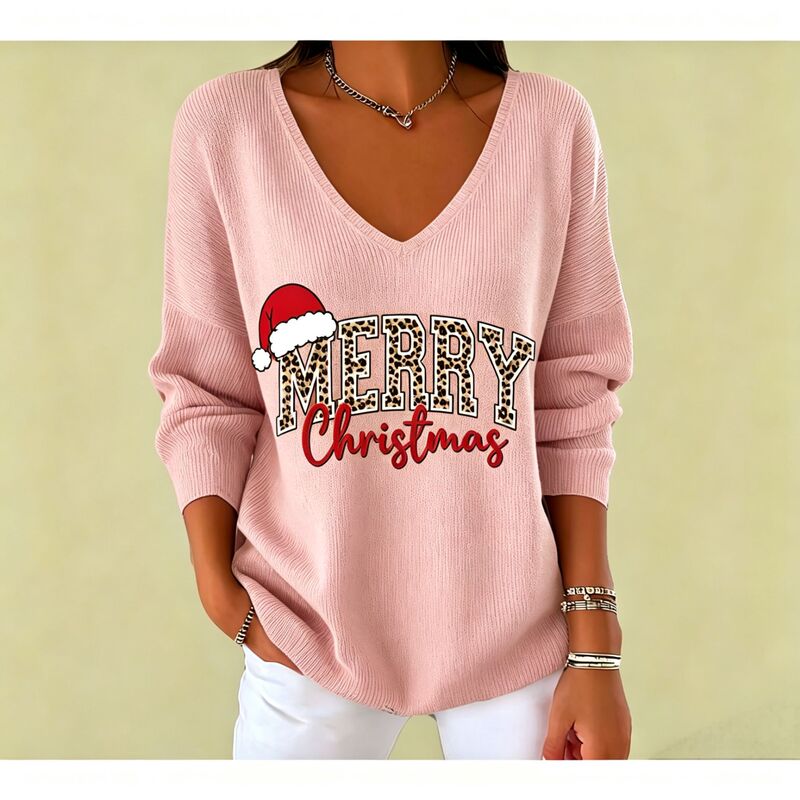 2026 Cross-border Amazon Autumn New Collection: Christmas Hat Letter Print V-Neck Long-Sleeve T-Shirt, Women's Top