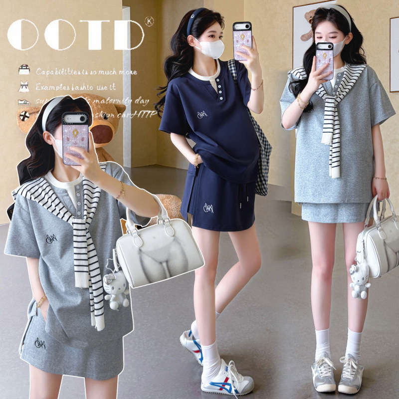 Maternity Wear, Summer Trendy Mom Fashion, New Style Fake Two-Piece Top, Casual Sports Embroidered Skirt Pants, Adjustable Two-Piece Set