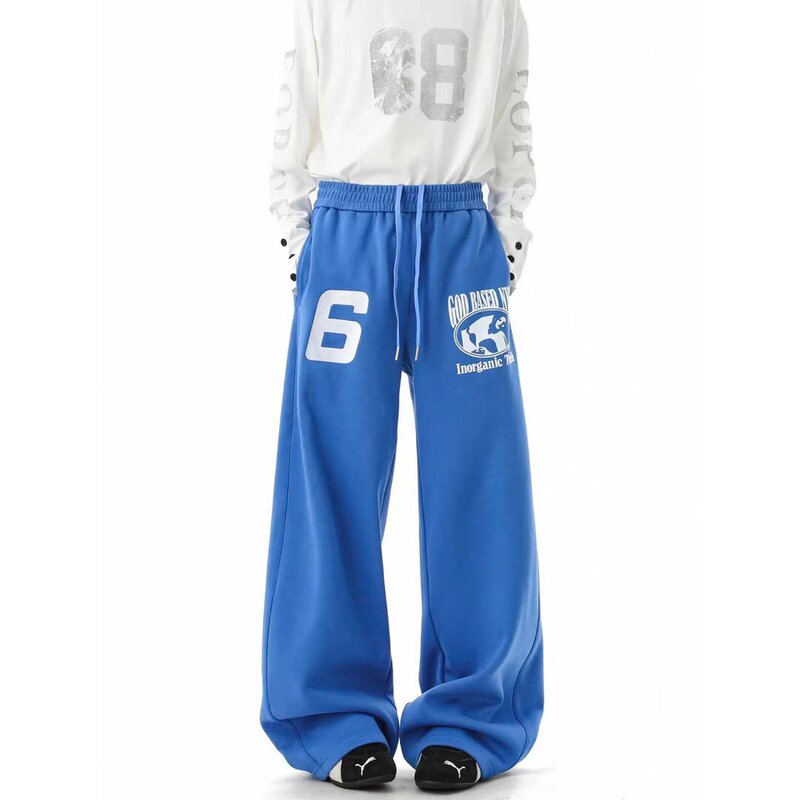 Blue European and American street style, casual, loose-fitting, wide-leg, unisex sweatpants with embroidered letter prints Blue European and American street style, casual, loose-fitting, wide-leg, unisex sweatpants with embroidered letter prints