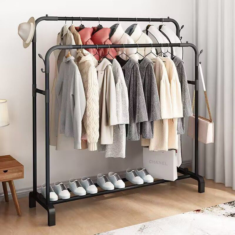 Extra Thick Floor-Standing Double-Rod Clothes Rack Balcony Storage Home Clothes Drying Rack Movable Multi-Functional