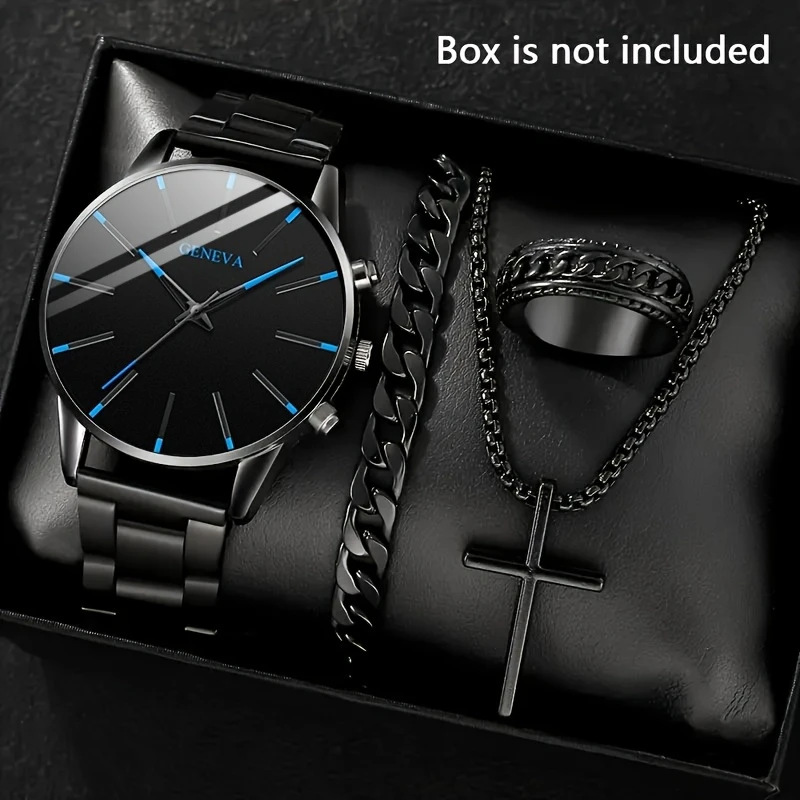 Teum Popular Men's Gift Watch 4-Piece Set Fashionable Glass Quartz Watch Men's Business Watch High-End