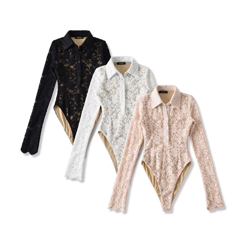 American-Style Spicy Girl Pure Desire Slim-Fit Double-Layer Embossed Floral Lace Long-Sleeve Collared Shirt Jumpsuit for Women 2025 New Arrival American-Style Spicy Girl Pure Desire Slim-Fit Double-Layer Embossed Floral Lace Long-Sleeve Collared Shirt Jumpsuit for Women 2025 New Arrival