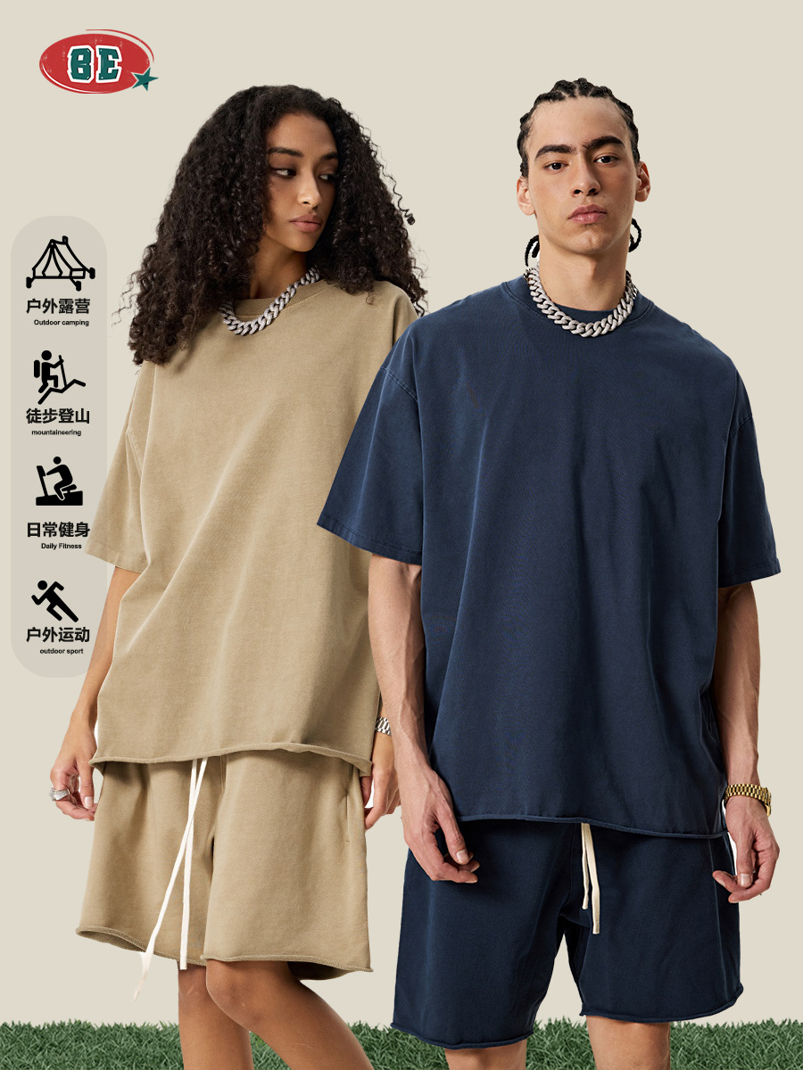 Be Hombres| 2025 verano marca de moda americana pesada azul borde grande hombre camiseta de mangas cortas pantalones cortos set hombre