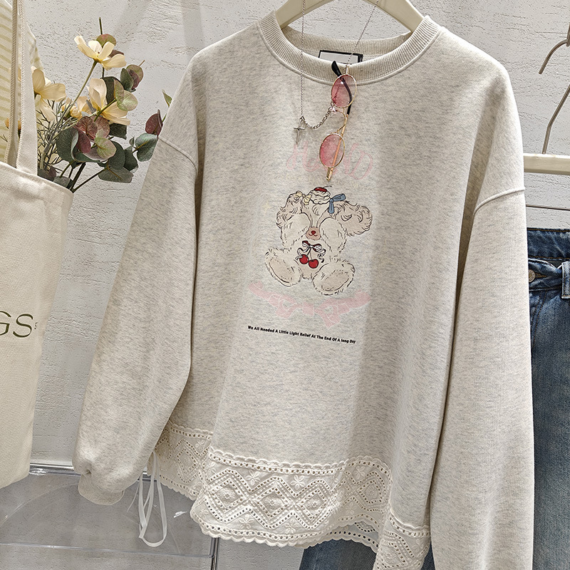 High-End Niche Lace Sweatshirt for Women in Autumn and Winter Fleece-Lined 100kg Fat mm Large Size Fake Two-Piece Jacket Top