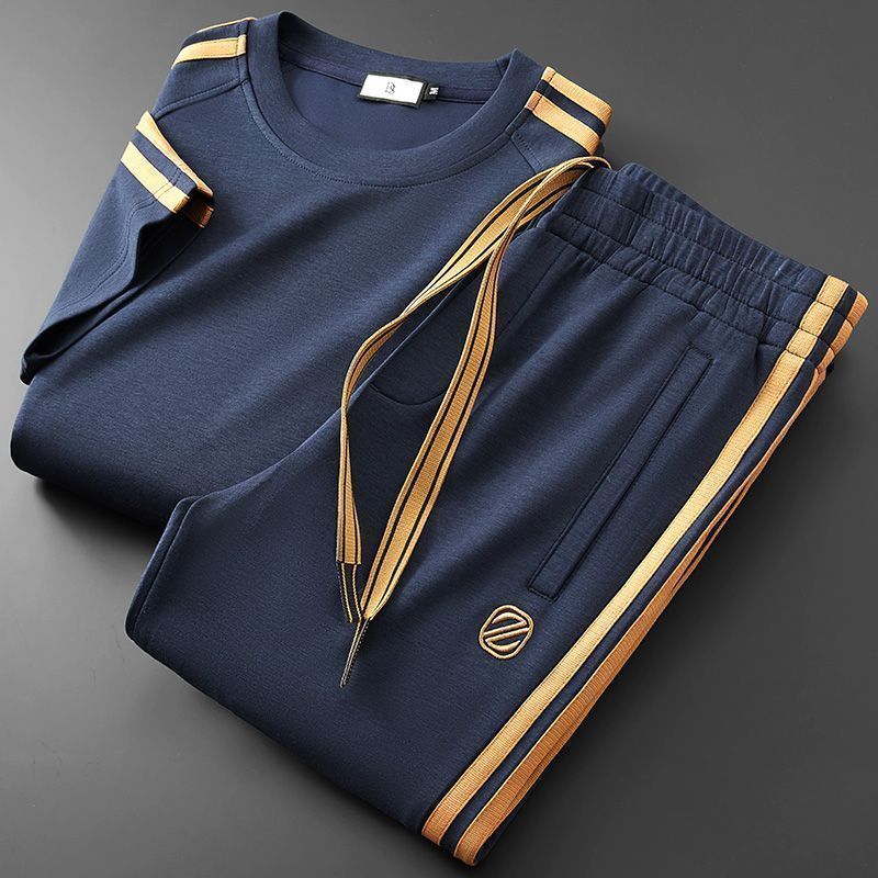 Lightweight Summer Men's 2-Piece Set Breathable Modal Cotton Short Sleeve T-Shirt & Straight Leg Pants With Minimalist Embroidery_viptrois.com