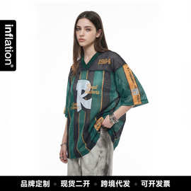 捷展男装|条纹网洞棒球短袖2026春夏新品美式复古个性印花透气T恤