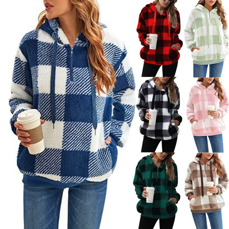 Plush Coat 2026 Autumn and Winter New Style Amazon Aliexpress Long-Sleeved Hooded Plaid Plush Women's Sweatshirt