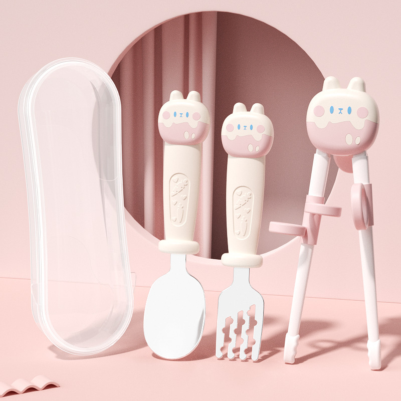 타이거 입 젓가락 포크 스푼 세트 핑크 (컬러 박스 ��