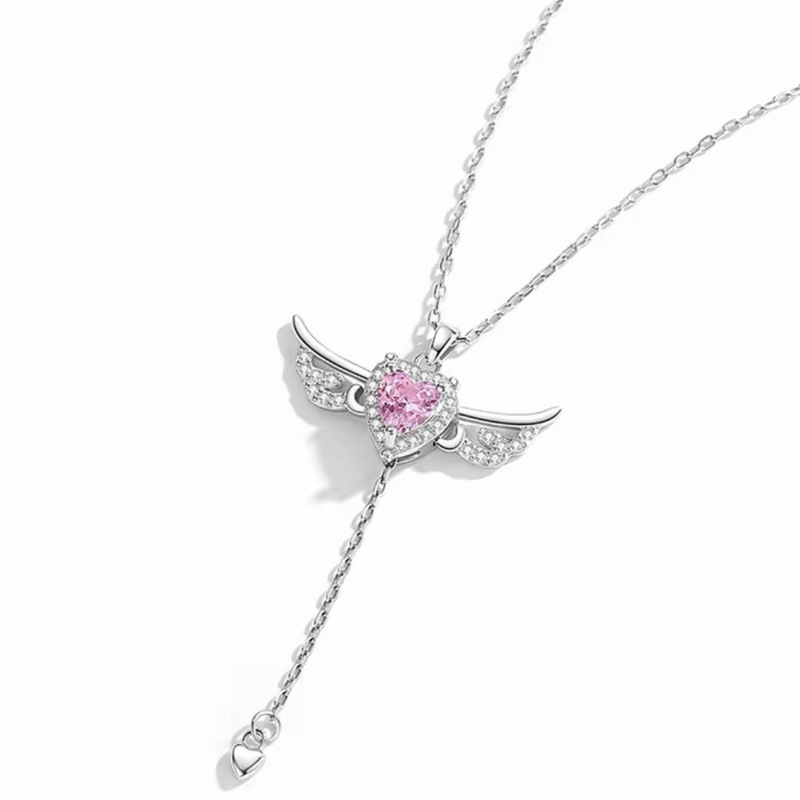 s925 Sterling Silver Factory wholesale generation hair heart-shaped angel wings pink diamond neck chain tassel love design sweater chain