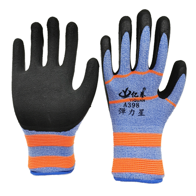 Guantes de protección laboral de espuma elástica, resistentes al desgaste, antideslizantes, cómodos, suaves y ligeros, guantes de goma colgantes de gasa azul de goma para trabajo