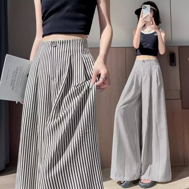 Vertical Striped Summer Thin Straight Wide-Leg Pants for Women with Semi-Elastic Waist, Casual Lazy Style High-Waisted Versatile Drapey Pants