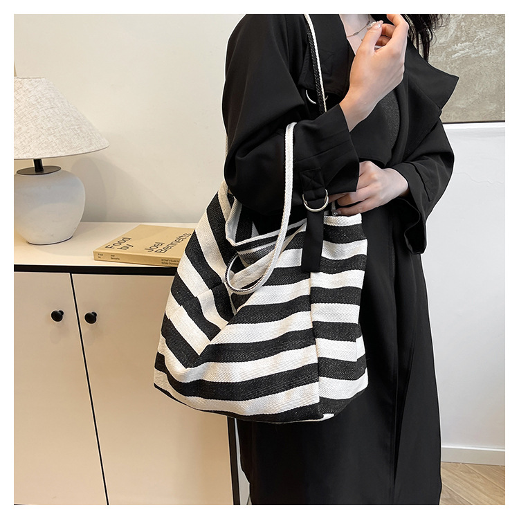 Laid-back striped canvas bag, Korean ins artistic color-blocking tote bag, large-capacity single-shoulder bag, shopping bag, large bag undefined