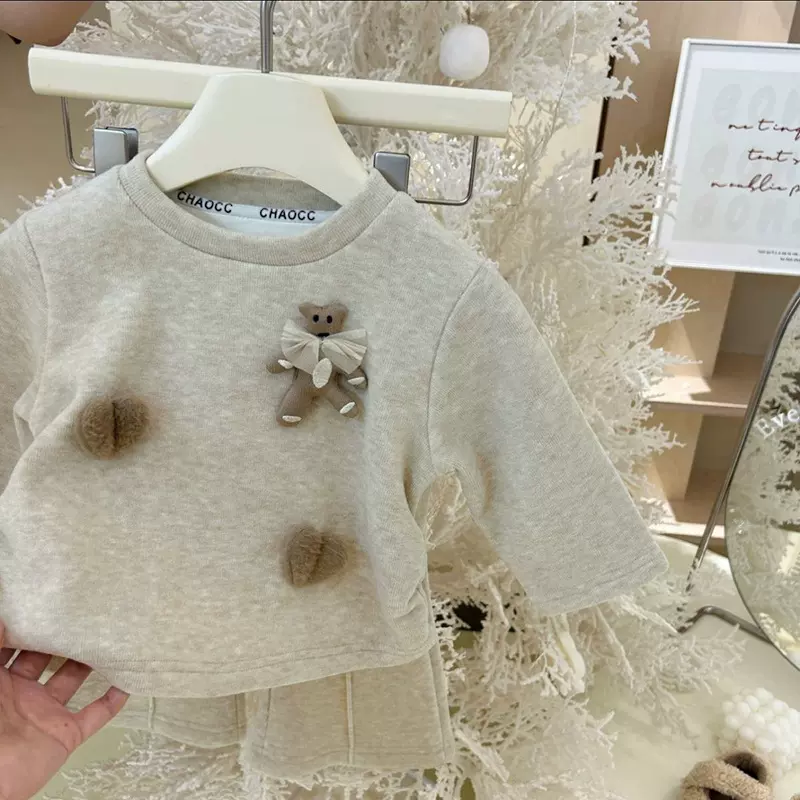 女童加绒卫衣套装2024新款儿童秋冬装保暖套头上衣宝宝两件套童装