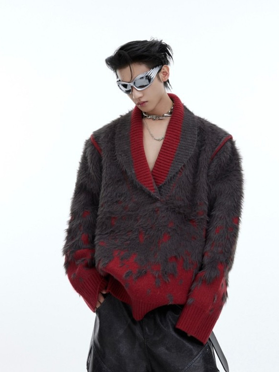 Heavyweight Autumn and Winter Niche Gradient V-Neck New Year Sweater, Faux Mink Fur Loose Christmas Atmosphere Sweater Coat