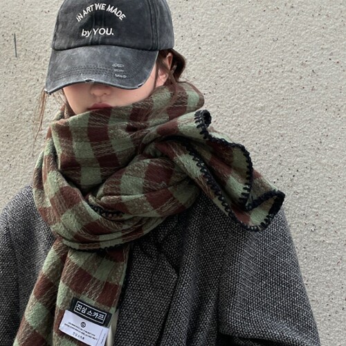 Retro Plaid Scarf 2024 New Women's Winter Thickened Korean Style Student Shawl Dual-Purpose Warm Scarf Green