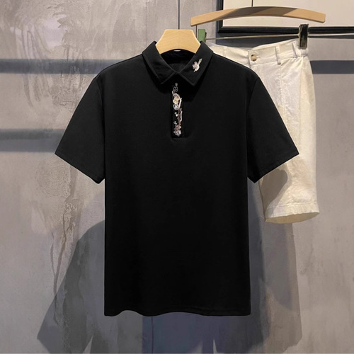New Chinese-style plum embroidery stand collar men's casual summer short-sleeved top trendy 2025