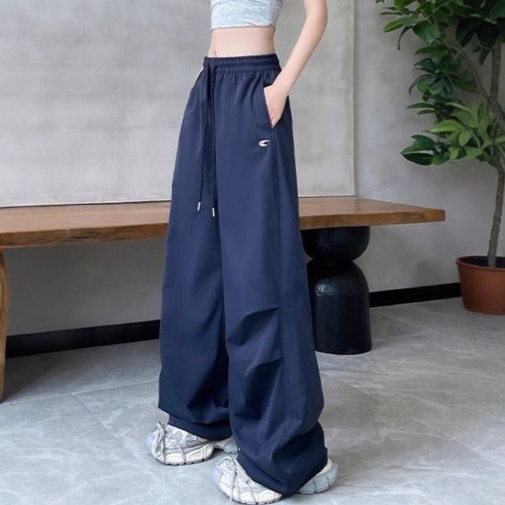 American Retro Style Small Embroidered Work Pants for Women, New Spring and Summer Style, Lazy Loose Casual Sports Quick-Dry Wide-Leg Long Pants