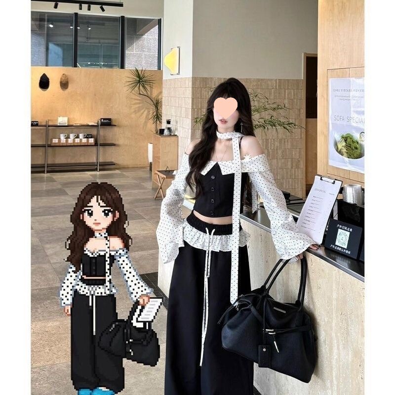 韩系穿搭一字肩波点拼接长袖衬衫上衣套装女夏高腰花边拼接阔腿裤|undefined
