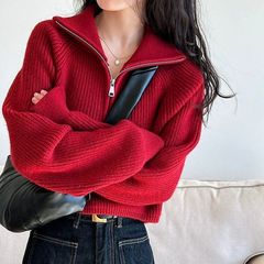 ショートレイジースタイルの女性用ハーフジップタートルネックセーター、秋冬ニットセーター、柔らかくワックスのようなルーズトップ、トレンディ