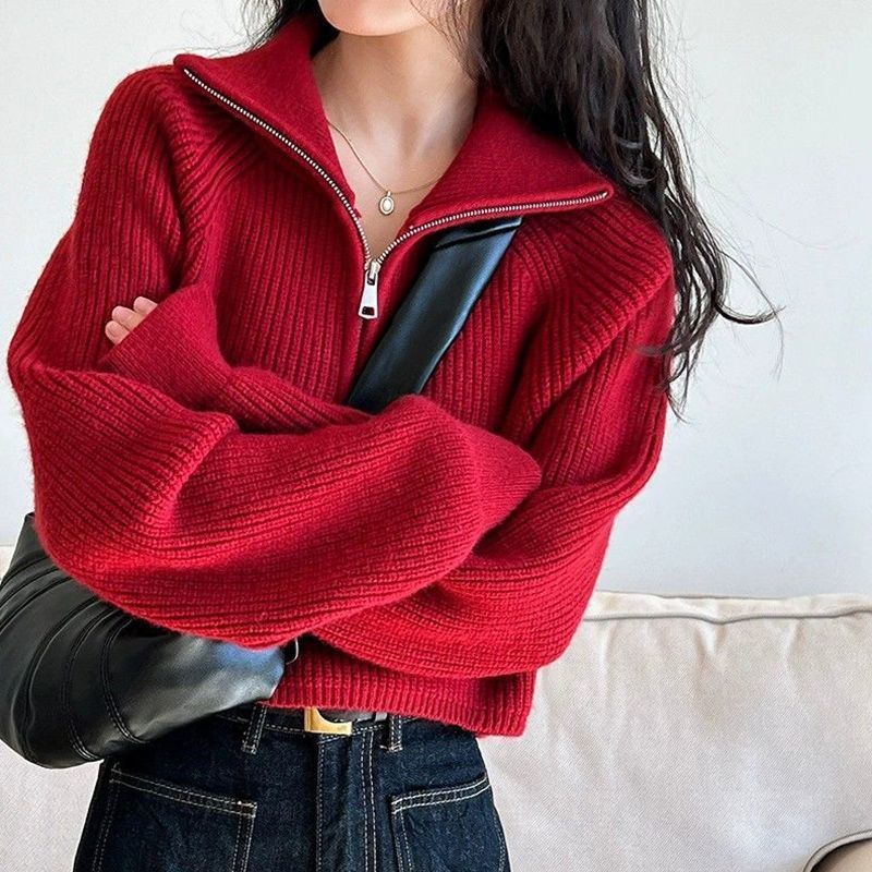 Short Lazy Style Petite Half-Zip Turtleneck Sweater for Women, Autumn and Winter Knitwear, Soft and Loose Outerwear Trendy Top