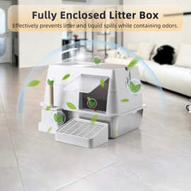 跨境超大不锈钢砂盆抽屉式抓板全封闭猫砂盆防外防臭除臭半自动