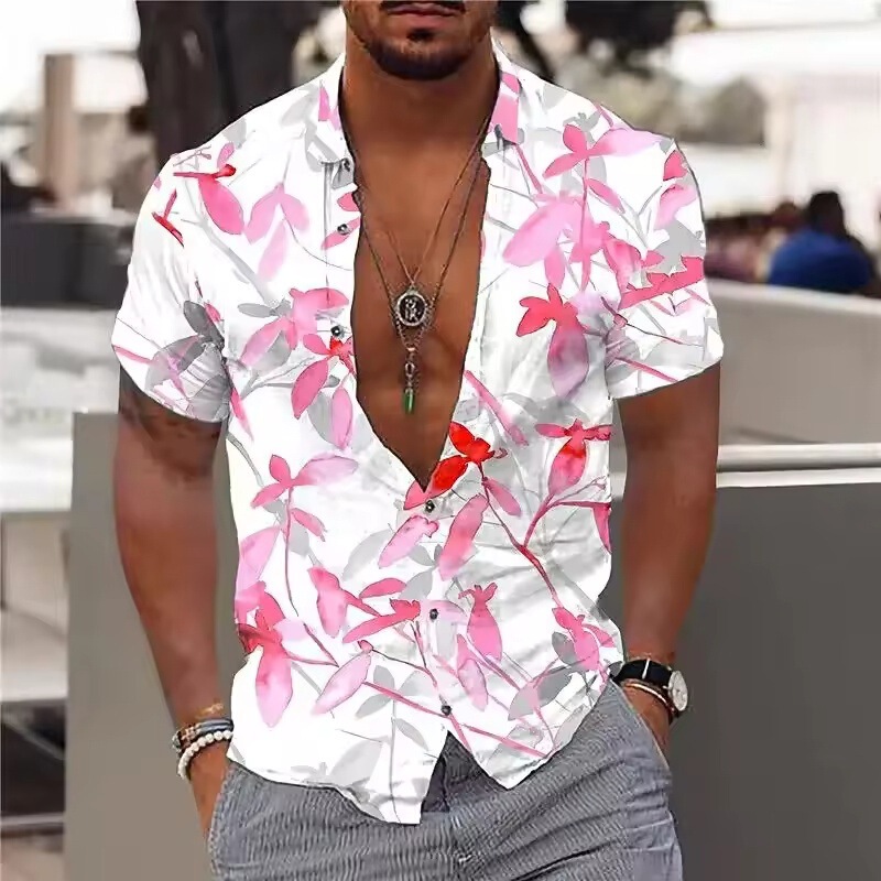 2025 Summer Men's Hawaiian Shirt Maple Leaf Print Collar Men's Shirt Button Short Sleeve Top