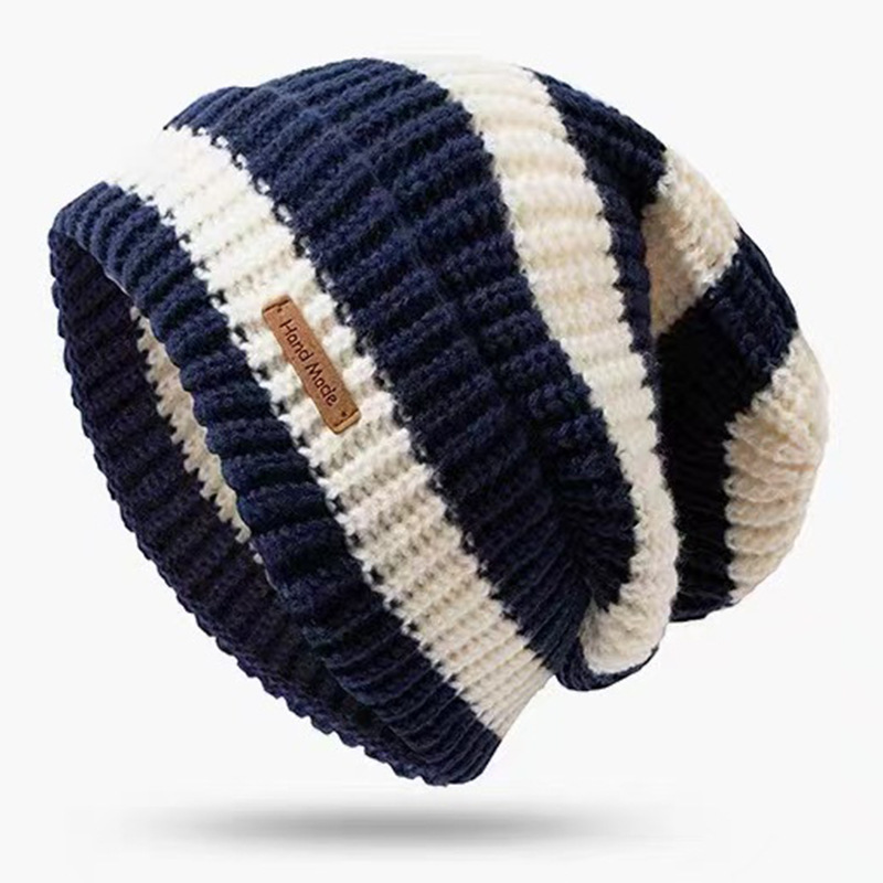 Japanese Retro Letter Small Label Striped Large Version For Women Autumn Winter Warm Versatile Knitted Slouchy Hat_voghion.com