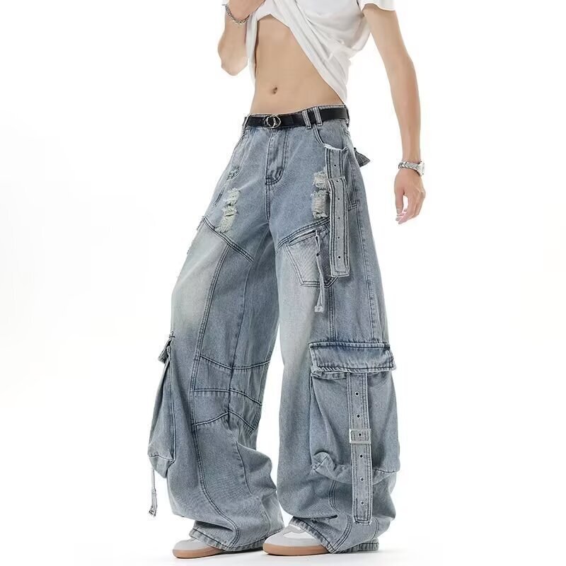 Spring and Autumn Denim Work Pants with New Design, Wasteland Style, Low Waist, Asymmetrical Ribbon, Washed and Distressed Long Pants, Trendy Spring and Autumn Denim Work Pants with New Design, Wasteland Style, Low Waist, Asymmetrical Ribbon, Washed and Distressed Long Pants, Trendy