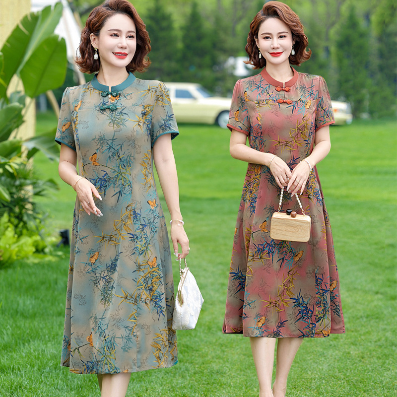 [Conceals Flaws and Looks Slimming] 202 Summer New High-End Dress for Women, Loose Fit, Slimming Mid-Length Fashionable Dress for Middle-Aged and Elderly