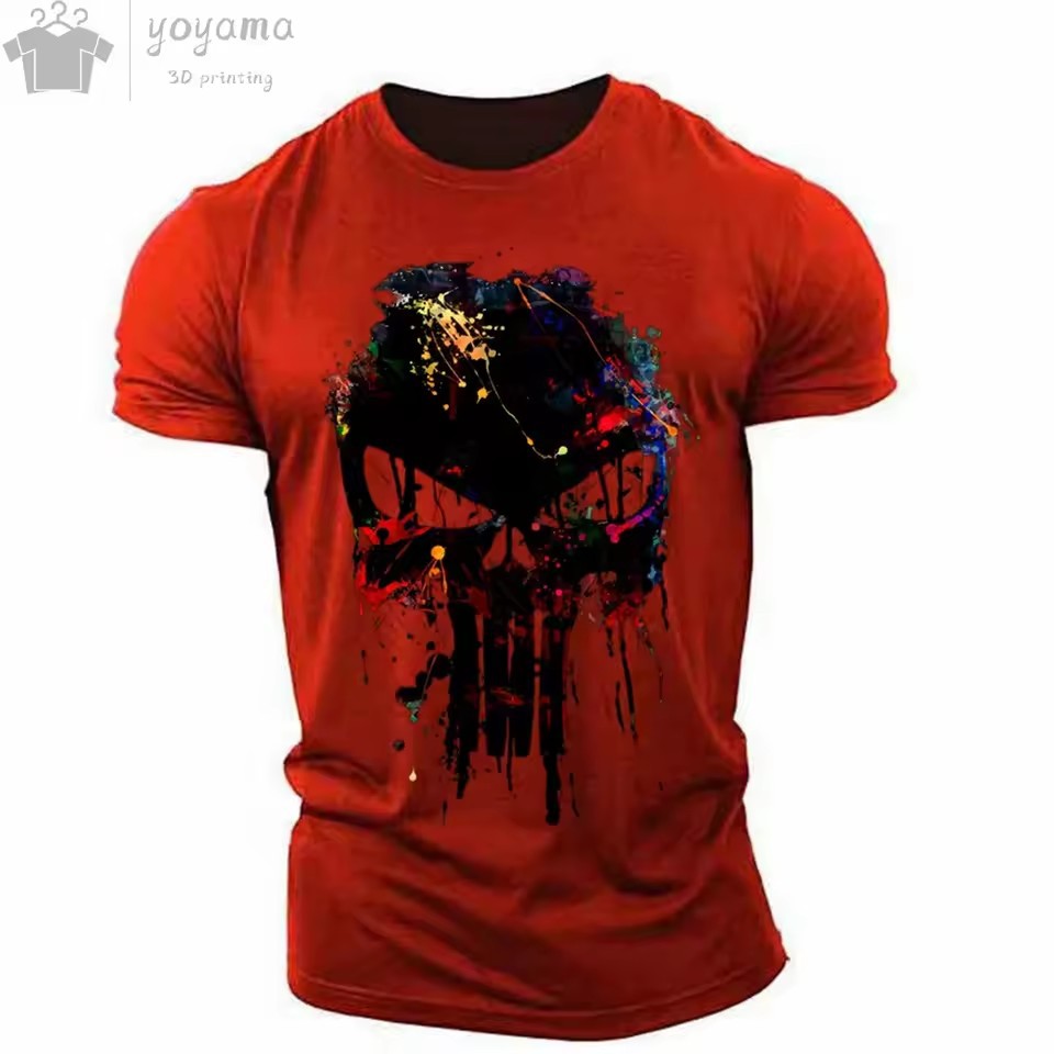 Moda venta caliente tinta calavera graffiti impresión 3D hombres verano calle moda hombro redondo cuello redondo camiseta de manga corta
