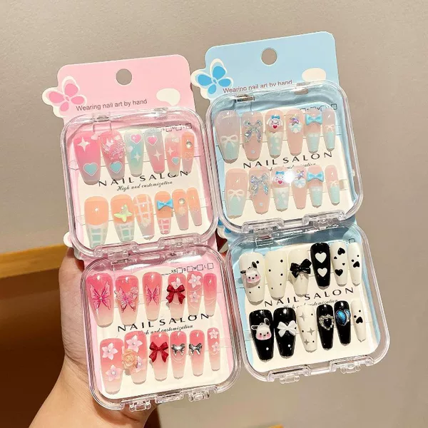 Cartoon Children's Cute Wearable Nails, Fashionable Kt Long Nails with Heart Designs, New Wholesale Items for Girls
