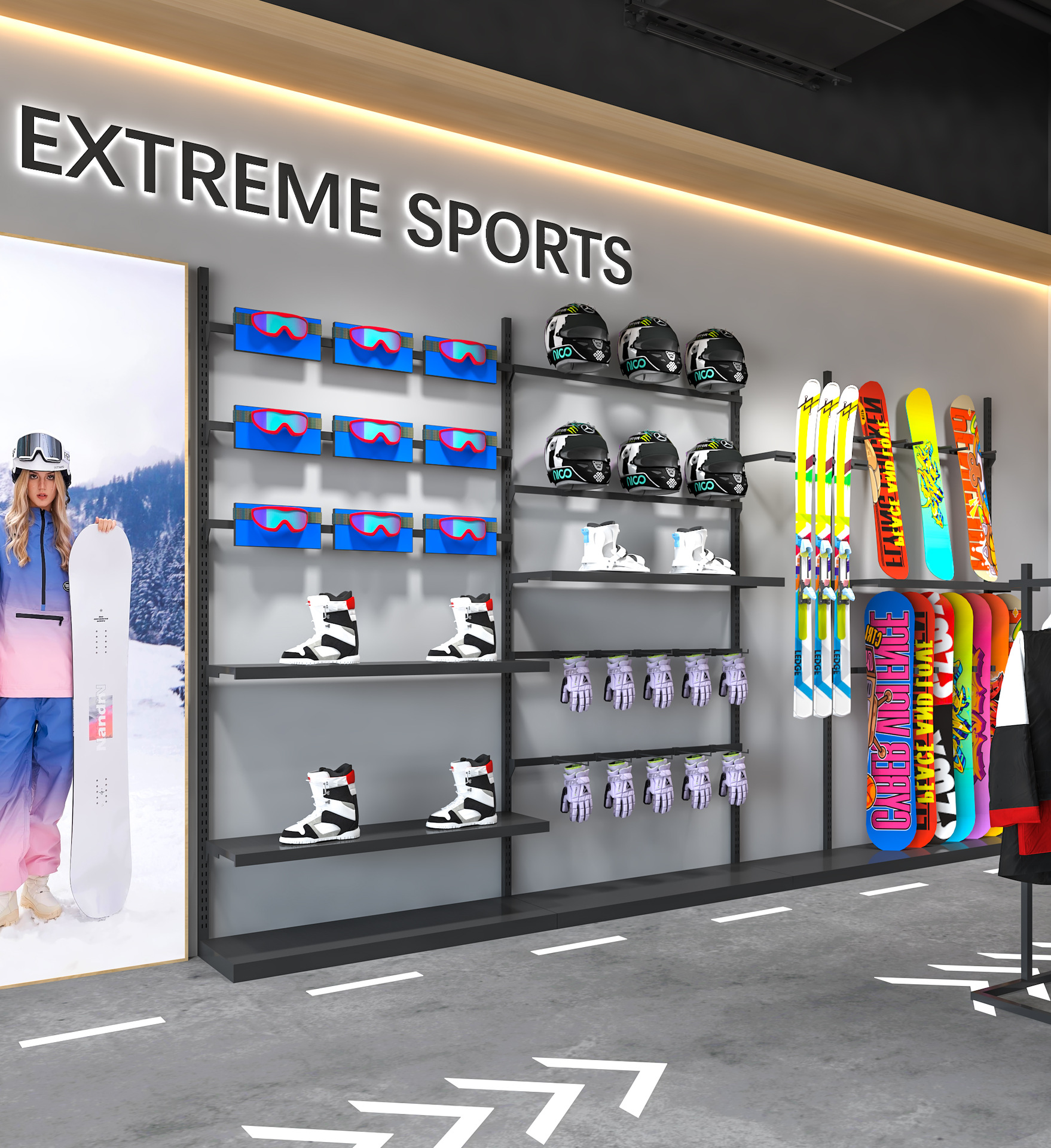 Esquí de nieve cascos de locomotora negros tienda de ropa estante de exhibición artículos deportivos estante de ropa de hombre retro