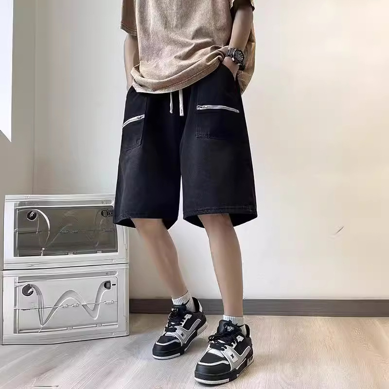 个性拉链装饰口袋牛仔短裤潮男生韩版百搭痞帅松紧腰直筒五分中裤
