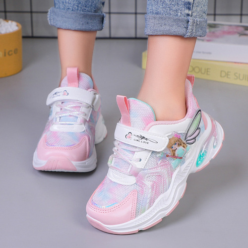 儿童运动鞋女童时尚天使翅膀小学生跑步软底魔术贴粉色春秋公主鞋
