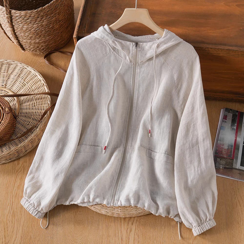 Women's hemp sun protection hooded thin jacket, new summer style, loose casual versatile top, in stock 6036