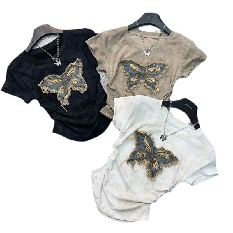 2024 camiseta de manga corta de verano mujer mariposa bordado parche de mezclilla diseño teñido anudado cintura chaqueta corta única image 6