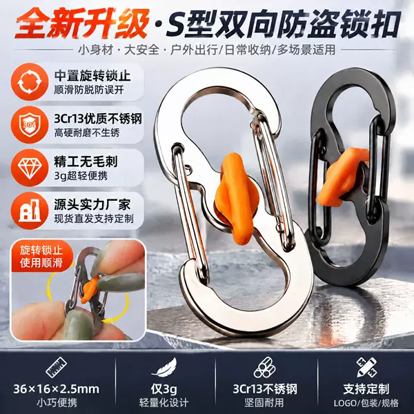 Stainless Steel S-Shaped Buckle with Lock, Two-Way Quick-Release Buckle, Figure-8 Climbing Buckle, Keychain, Backpack Hook, Gift with Laser Engraving