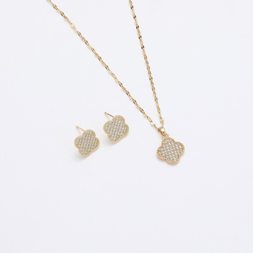 Necklace female Internet celebrity temperament four-leaf flower full diamond earrings light luxury niche design advanced simple set titanium steel necklace