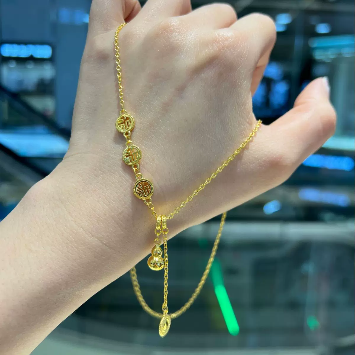 18k金不脱模福禄寿葫芦项链 吉祥福字吊坠套链黄金黄锁骨链送女友